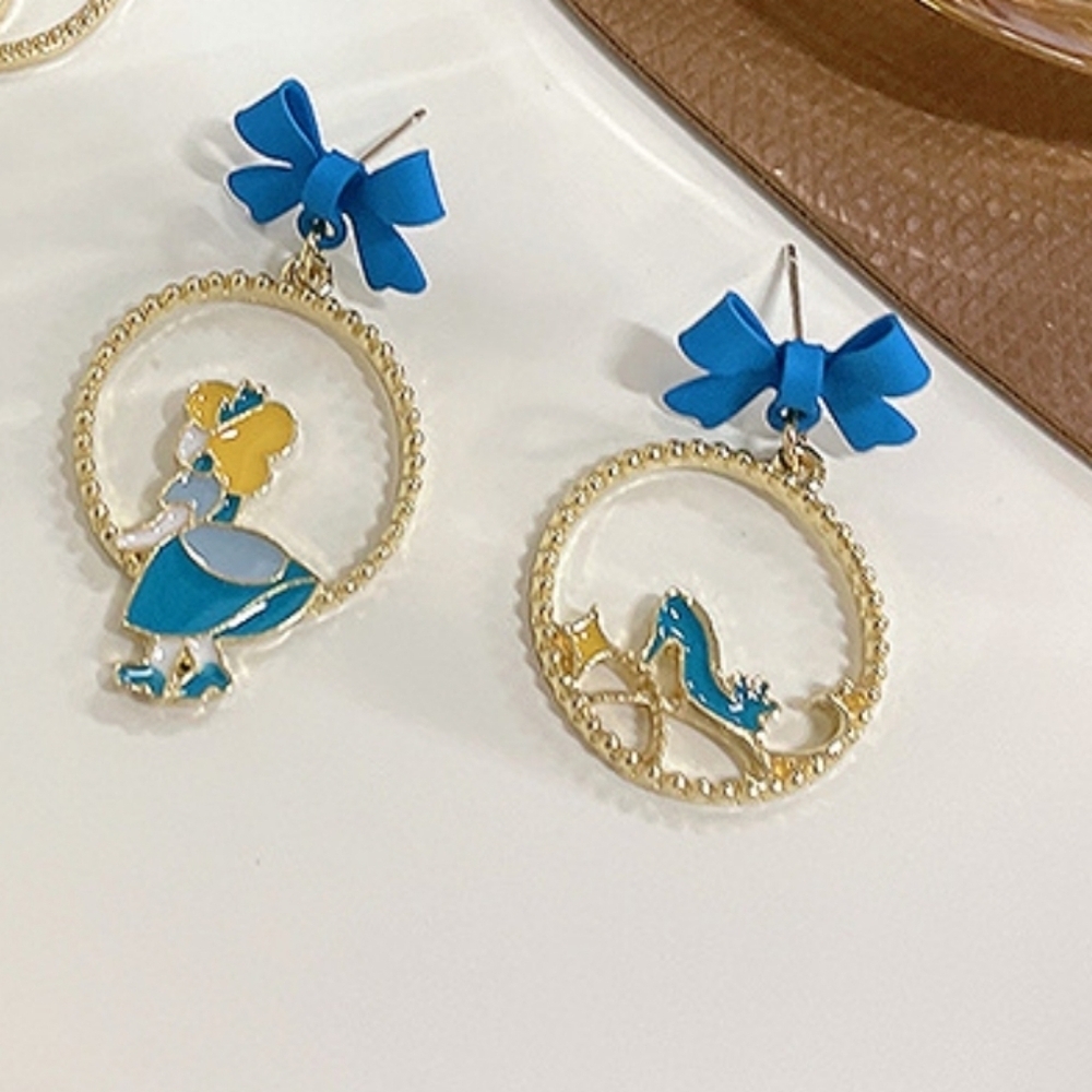 Disney Style Cinderella Drop Earrings Blue Bow & Glass Slipper Dangles - Picture 2 of 7